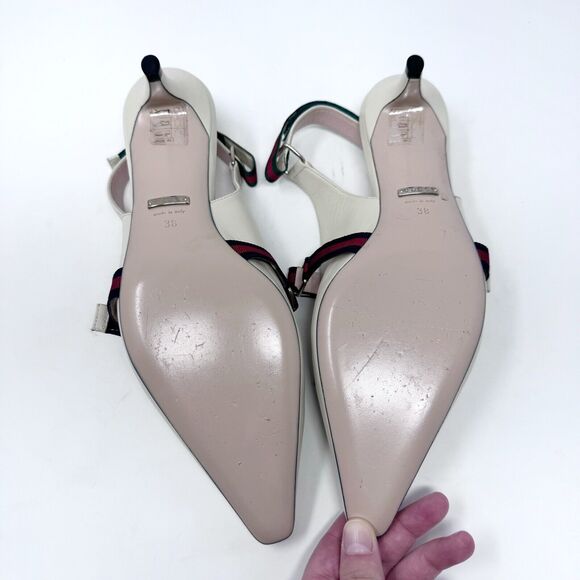Gucci Malaga Kid Cream Web Stripe Horsebit Low Kitten Heel Slingback Pumps EU 38 - Picture 10 of 11